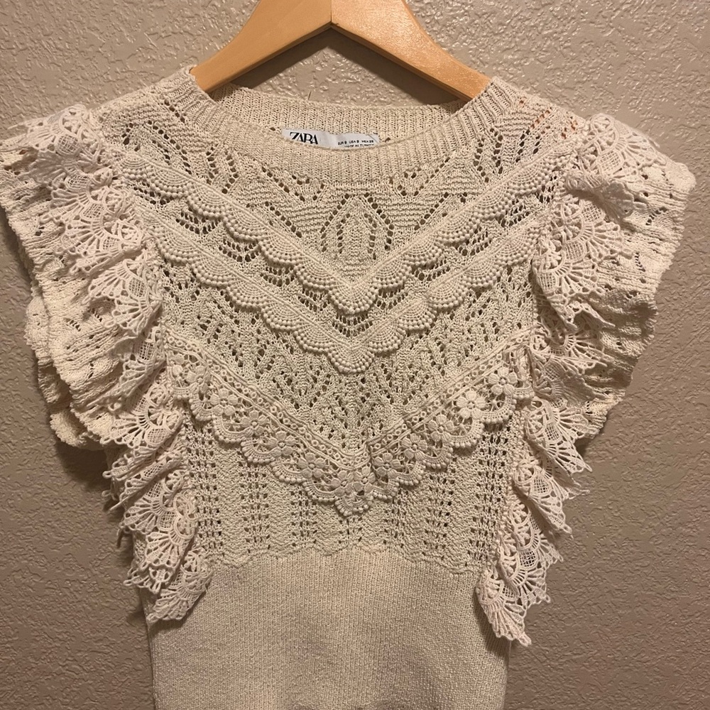 ZARA Pointelle Cream Crochet Ruffle Sweater Small